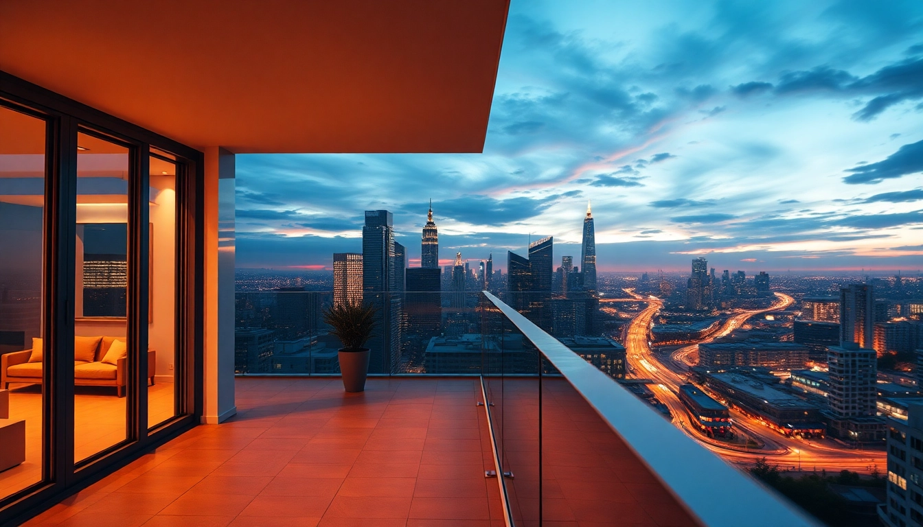 Balcon moderne avec garde-corps en verre, offrant une vue sur la ville au coucher de soleil, mettant en valeur l'élégance du design.