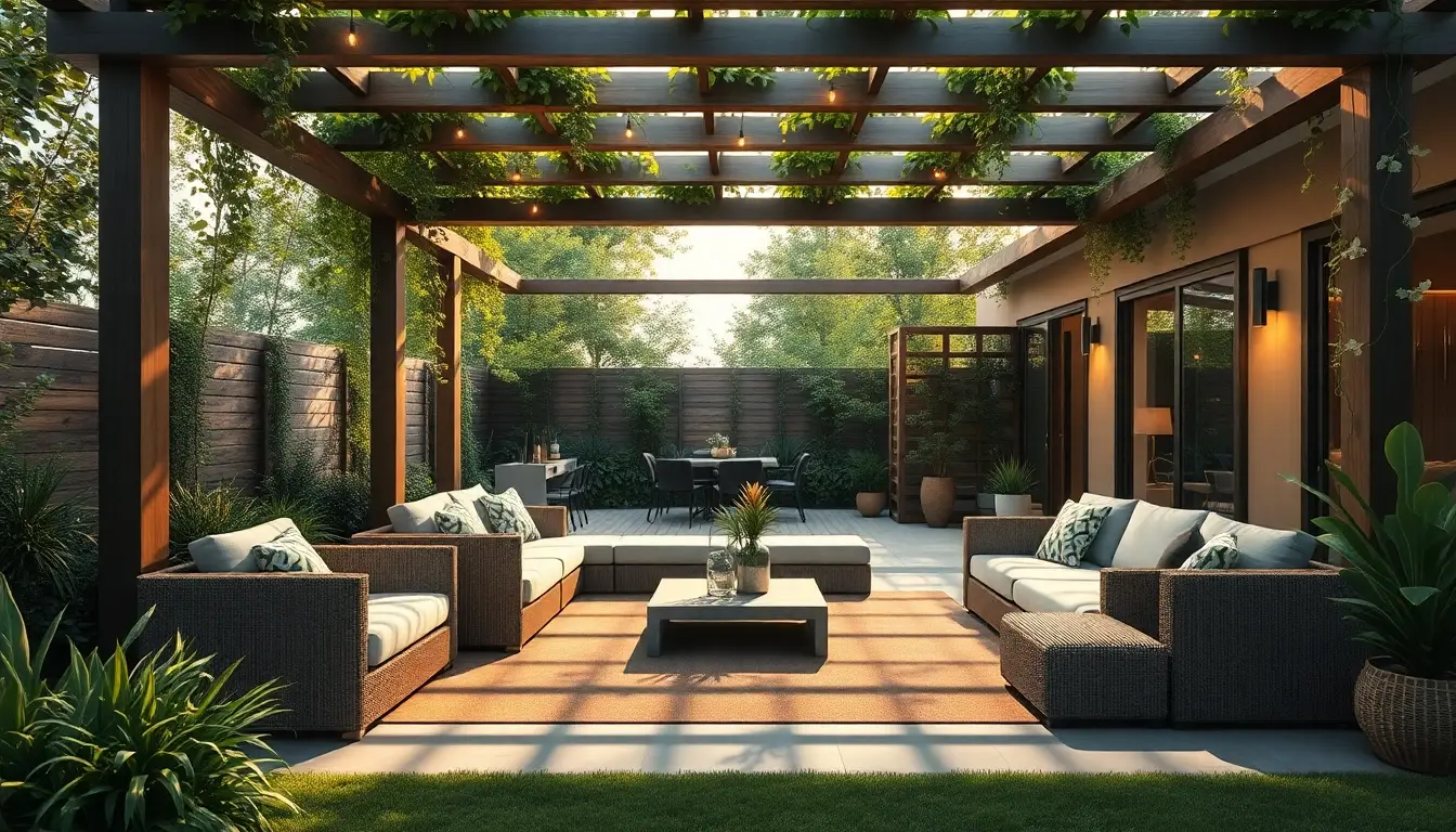 Espace de vie extérieur confortable avec mobilier multifonctionnel durable, pergola ombragée et verdure luxuriante.