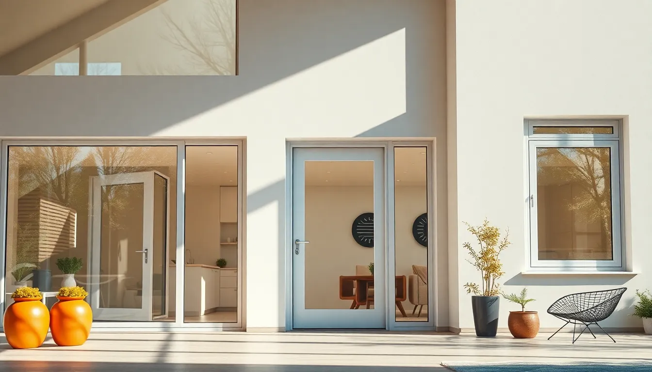 Maison moderne avec fenêtres et portes en aluminium, mettant en avant des rénovations énergétiques efficaces sous un éclairage cinématographique.