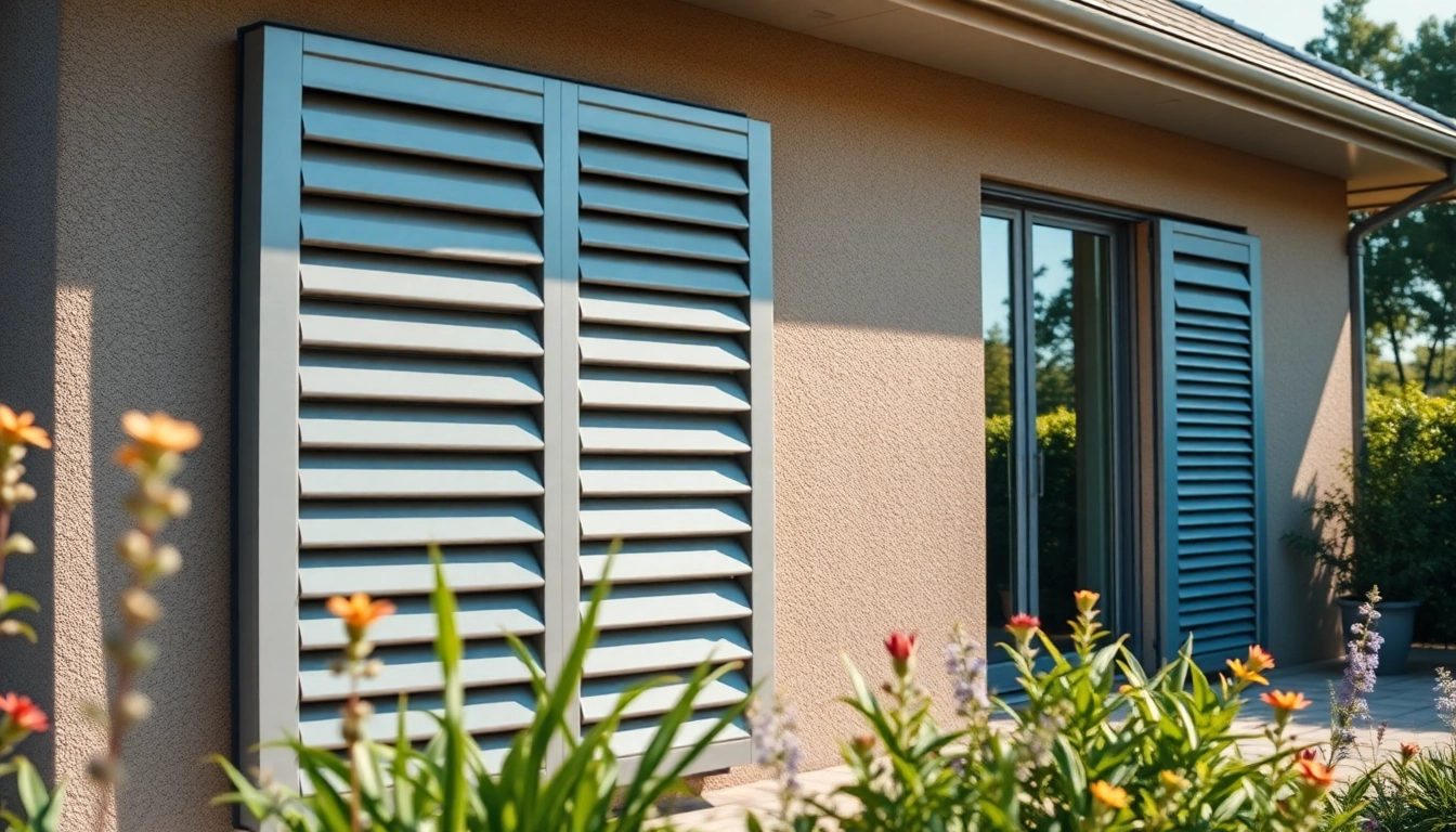 Maison moderne avec volets en aluminium, mettant en avant leur durabilité et esthétique dans un jardin ensoleillé.