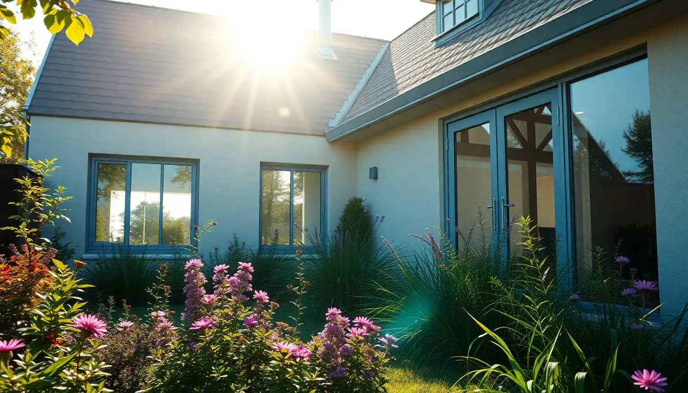 Propriété moderne avec fenêtres et portes en aluminium installées récemment, mettant en avant l'efficacité énergétique.