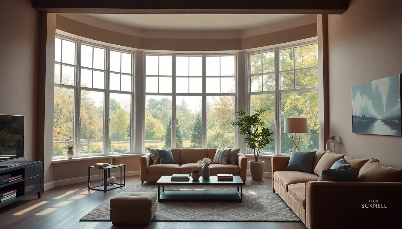 Salon moderne avec baies vitrées, inondé de lumière naturelle, offrant une vue sur le jardin.