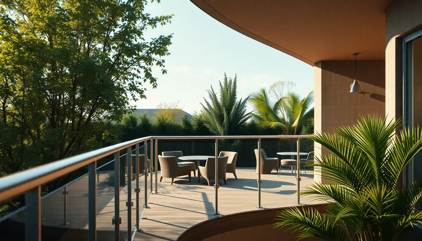 Terrasse sécurisée avec un garde-corps en aluminium, entourée de verdure, mettant en avant des meubles modernes et un éclairage lumineux.