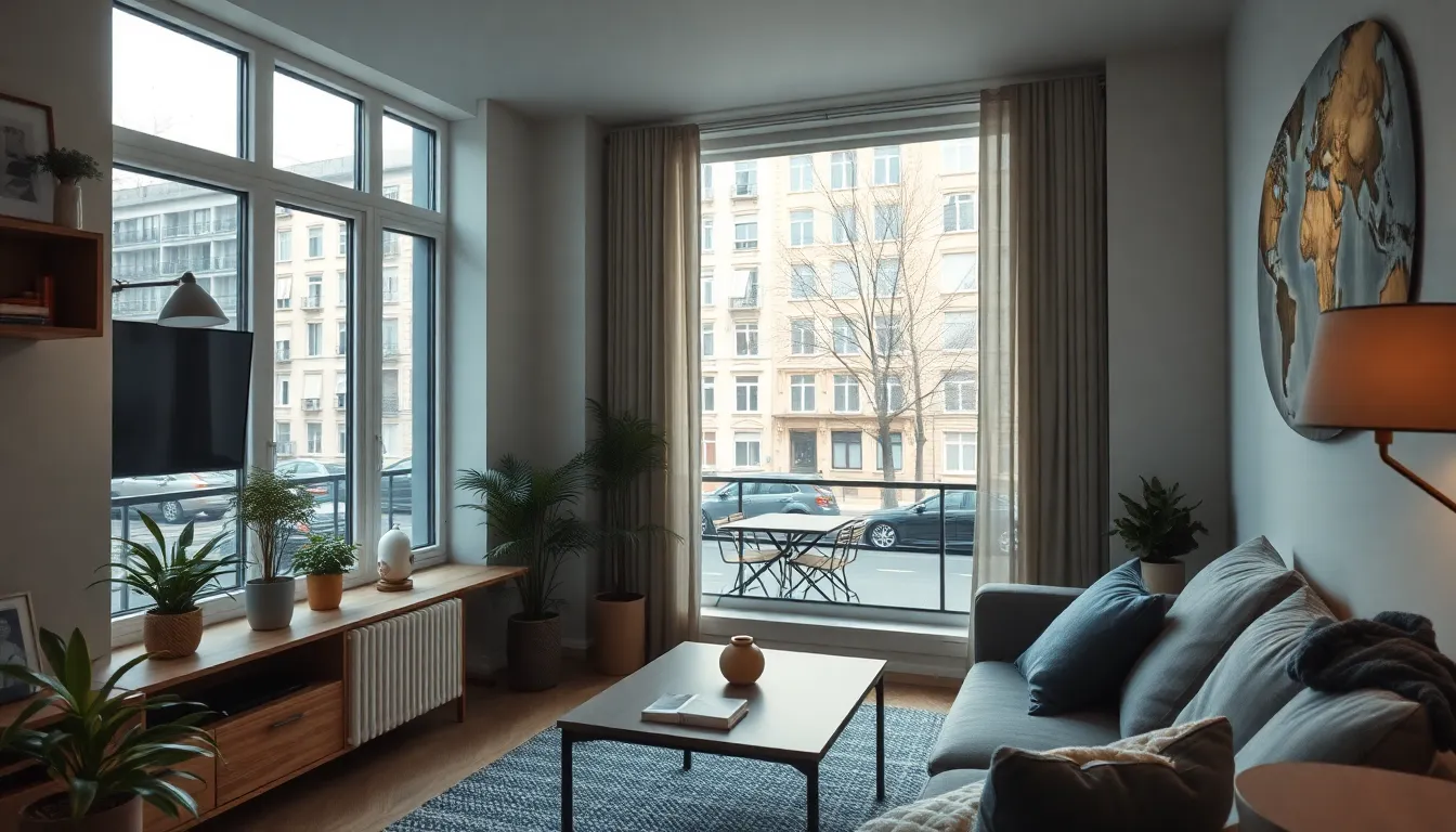 Appartement moderne avec fenêtres acoustiques, offrant une vue sur une rue bruyante, symbolisant le confort en milieu urbain.