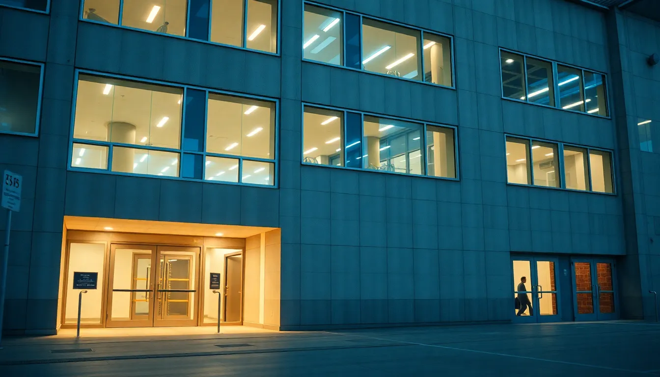 Bâtiment public moderne avec fenêtres renforcées et portes accessibles, illustrant les normes strictes de sécurité et d'accessibilité.