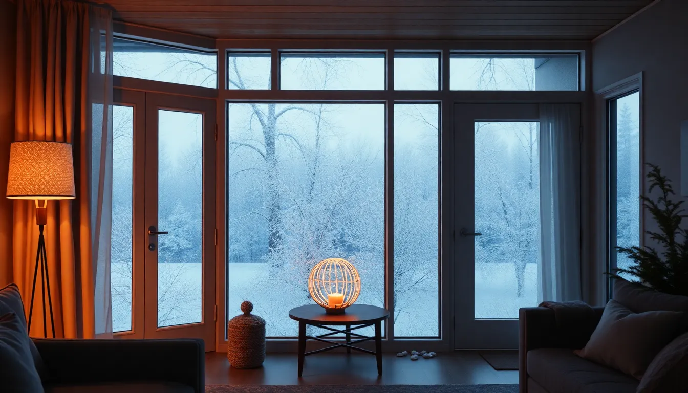 Maison moderne en hiver avec fenêtres isolées et rideaux épais, illustrant la protection contre le froid.