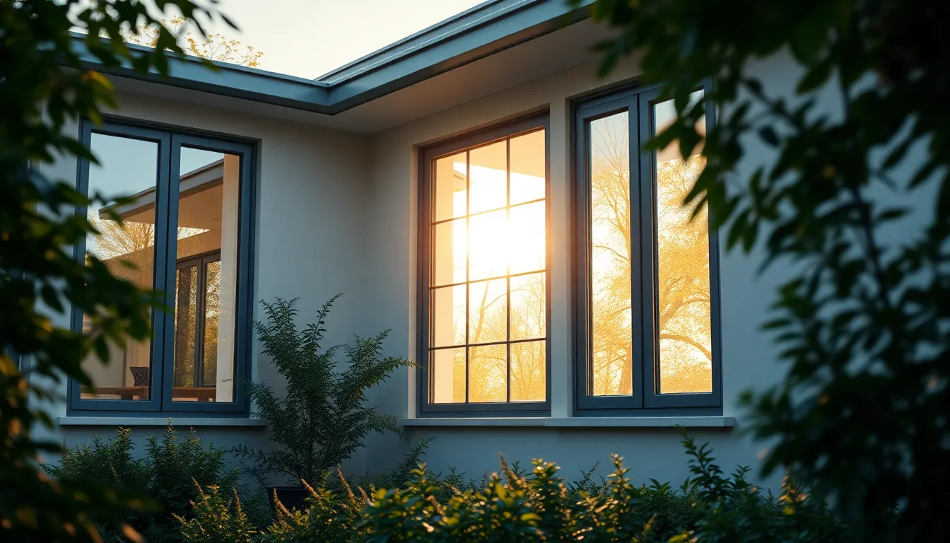 Maison moderne avec fenêtres en PVC, mettant en avant leur performance thermique dans un cadre verdoyant.