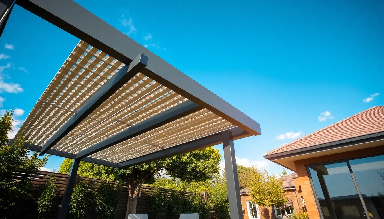 Pergola moderne avec des lames orientables en aluminium dans un jardin contemporain, illustrant l'aménagement extérieur innovant.