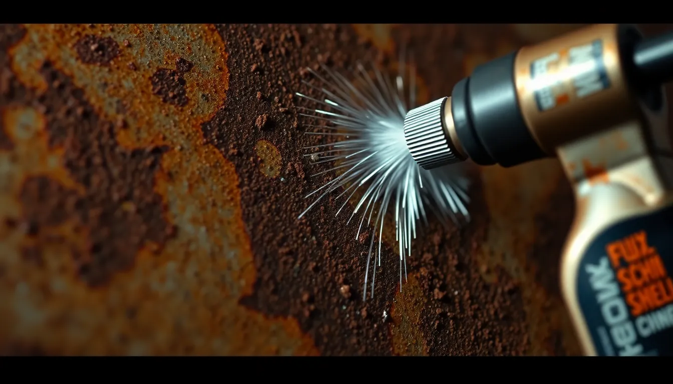 Traitement d'une surface en métal rouillée avec un produit antirouille, illustrant la prévention de la corrosion.