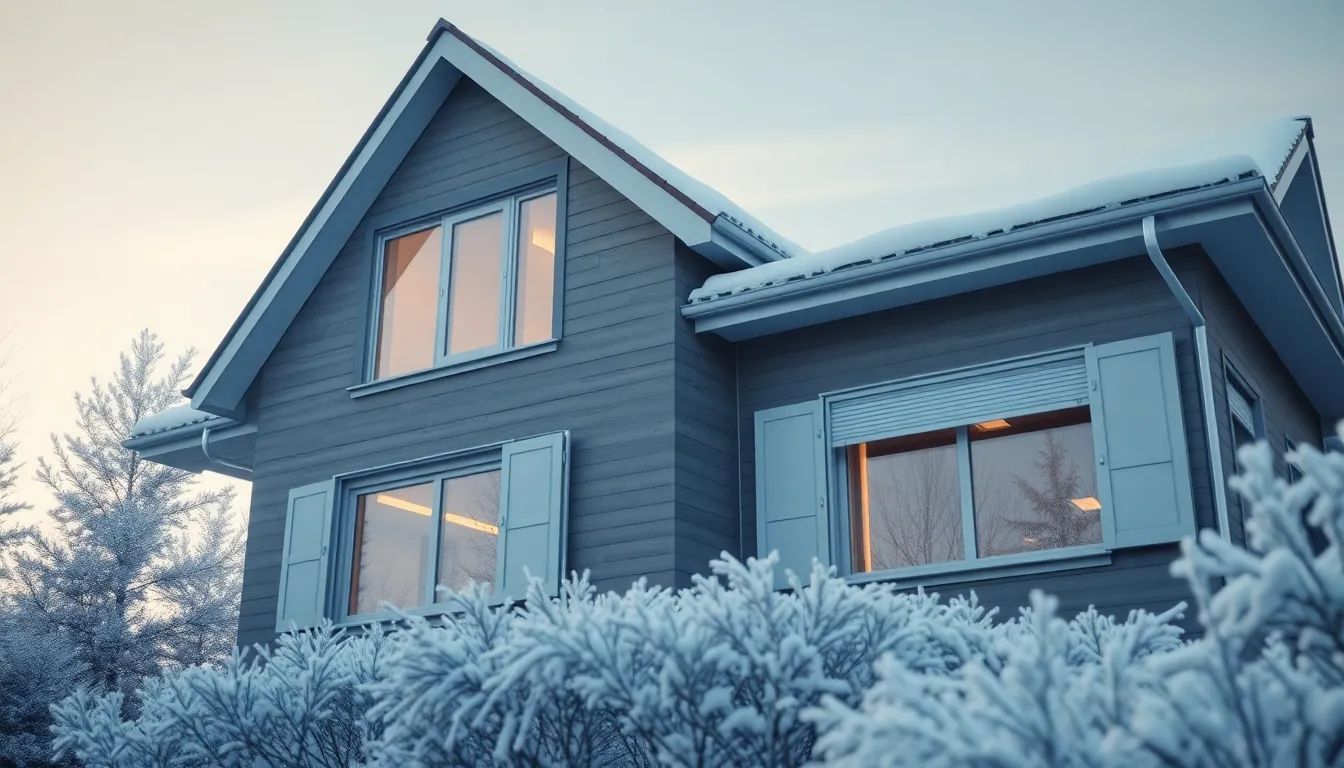 Maison moderne avec fenêtres en aluminium préparées pour l'hiver, entourée d'un paysage enneigé.