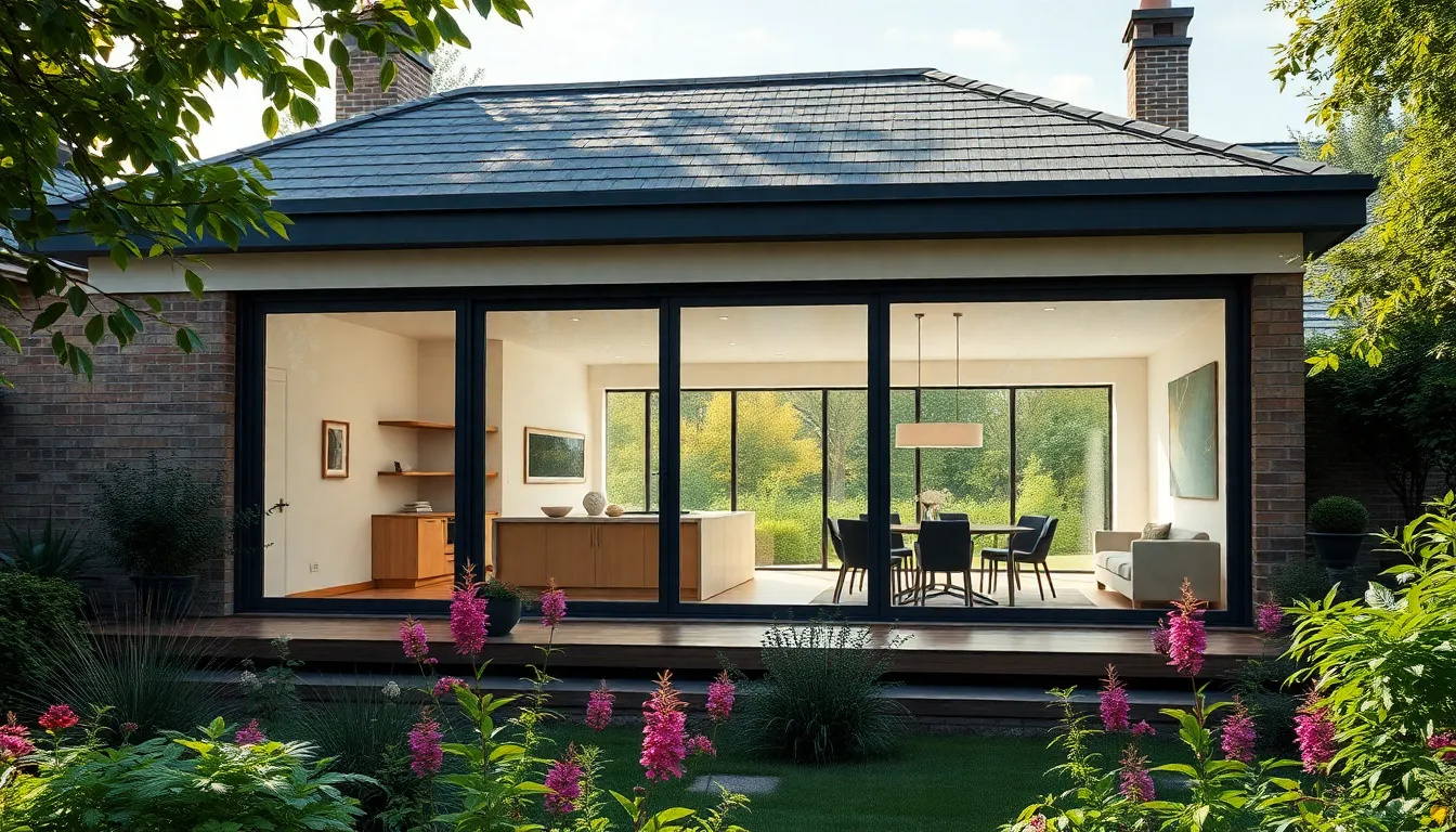 Extension de maison moderne avec de grandes fenêtres en aluminium orientées au sud, illuminant un intérieur accueillant.