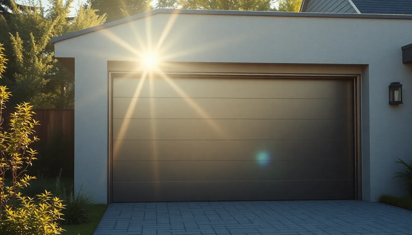 Garage moderne avec porte sectionnelle en aluminium, éclairé par la lumière du jour, mettant en valeur le design élégant.