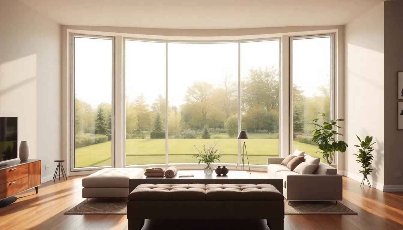 Installation d'un bow-window élégant dans un salon moderne, inondé de lumière naturelle avec une vue panoramique sur un jardin.