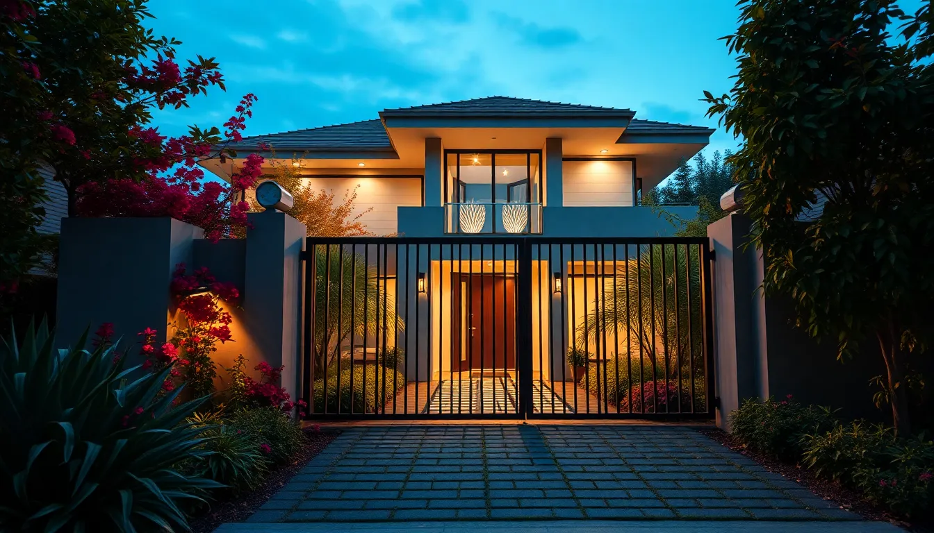 Maison moderne avec portail en aluminium, entourée de verdure mettant en avant la sécurité et l'esthétique.