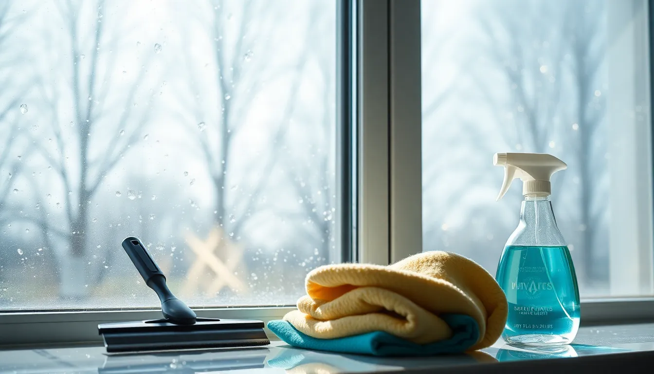 Équipements de nettoyage professionnel pour vitres : raclette, chiffon microfibre et vaporisateur, soulignant la propreté des fenêtres.