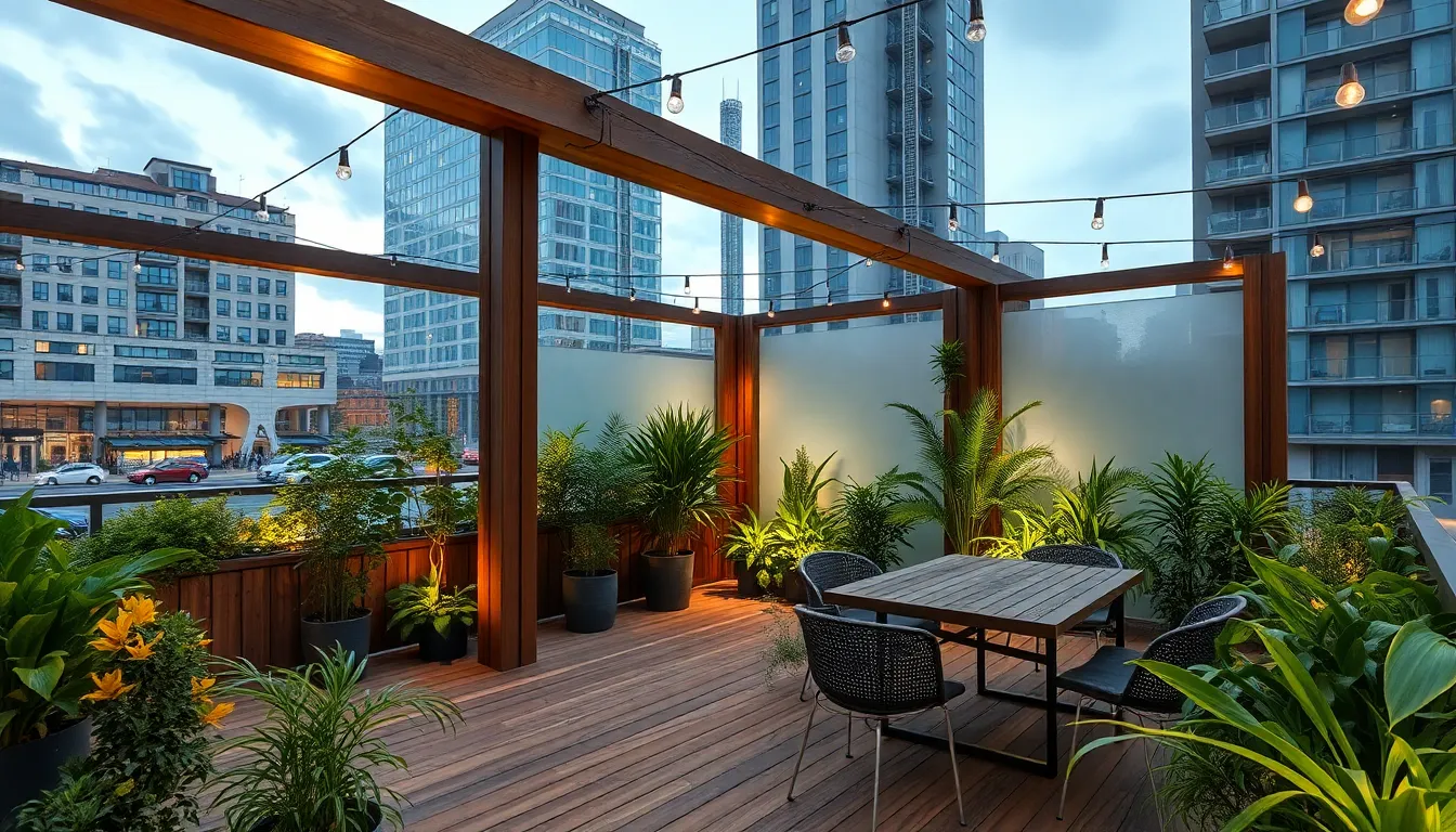 Terrasse moderne avec brise-vue en bois et aluminium, intégrant des plantes et un éclairage intelligent, espace extérieur fonctionnel.