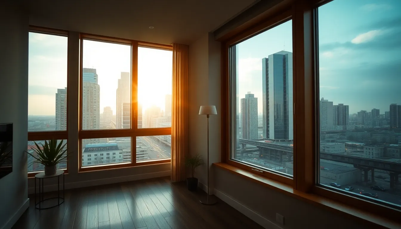 Appartement moderne avec fenêtres en bois acoustiques, illustrant l'isolation phonique en milieu urbain.