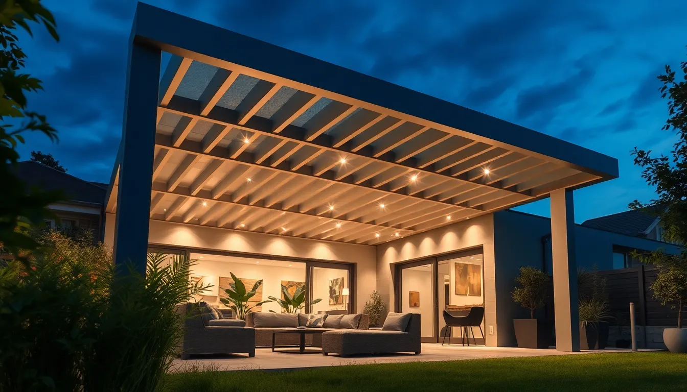 Espace extérieur moderne avec pergola en aluminium mettant en valeur le design durable et la personnalisation en 2025.