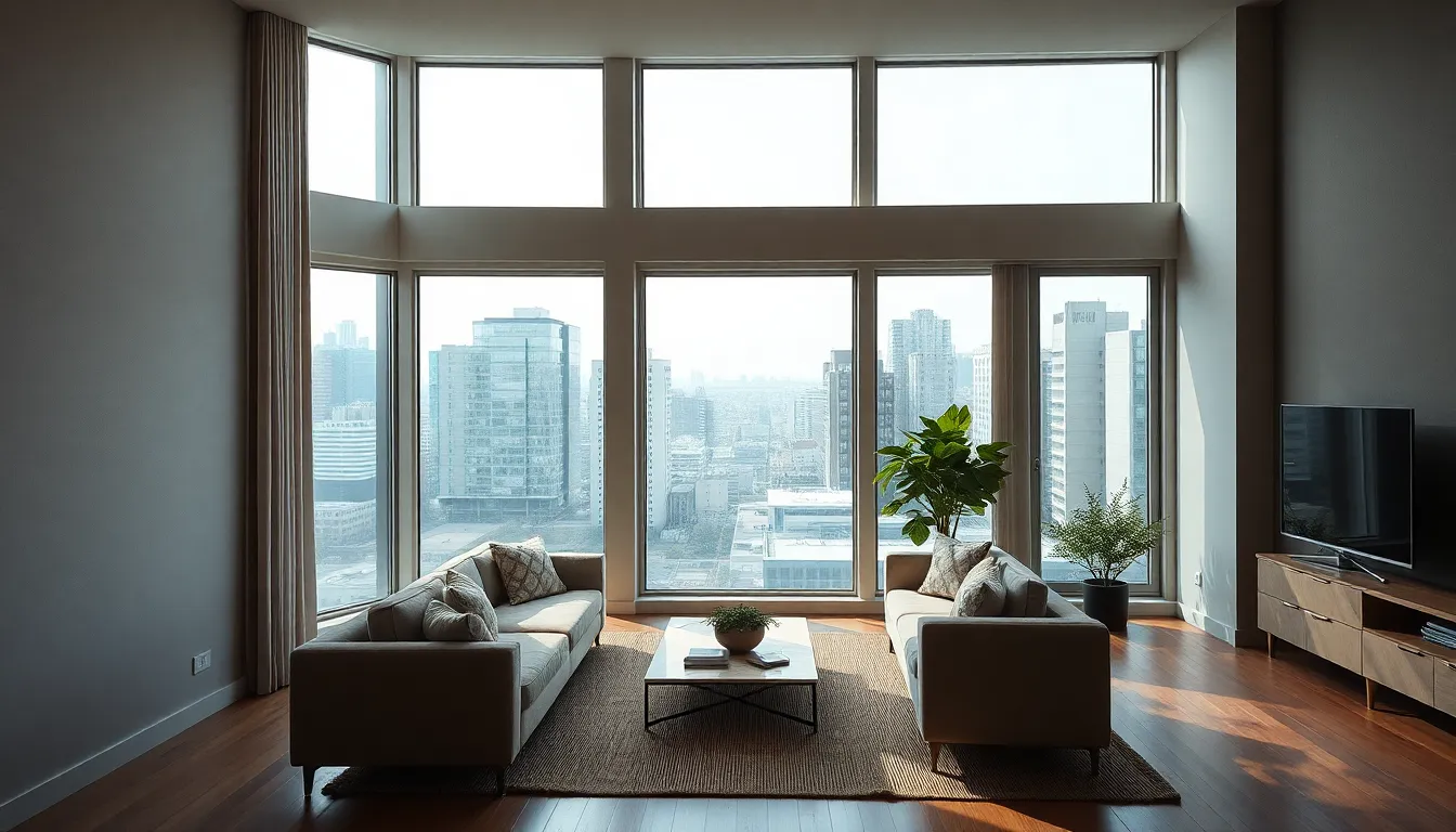 Appartement moderne avec fenêtres isolantes montrant l'importance de l'acoustique en milieu urbain.