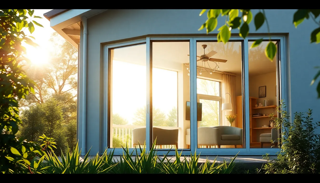 Maison moderne avec des fenêtres en aluminium efficaces énergétiquement, entourée de verdure, mettant en valeur la lumière naturelle.