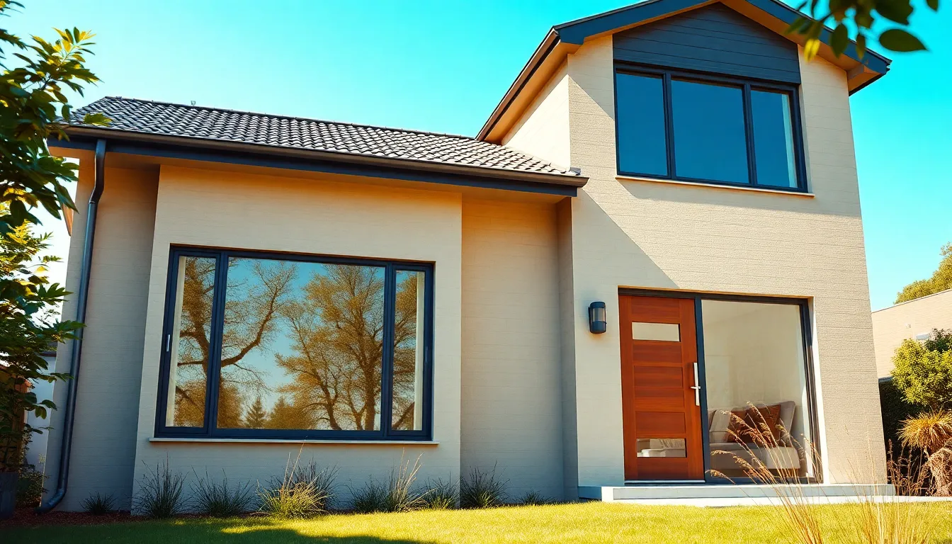Maison contemporaine avec fenêtres double vitrage et portes modernes, illustrant l'efficacité énergétique et la durabilité.
