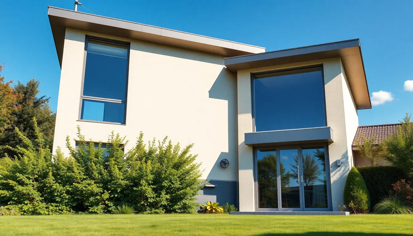 Maison moderne avec fenêtres et portes en aluminium, entourée de verdure, illustrant des lignes élégantes et des textures réalistes.