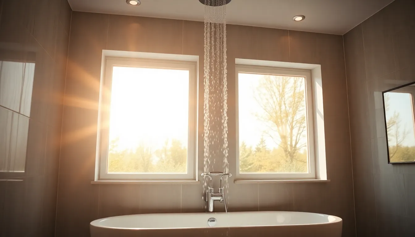 Salle de bain moderne avec fenêtres à double battant, mettant en avant la ventilation contrôlée et le design contemporain.
