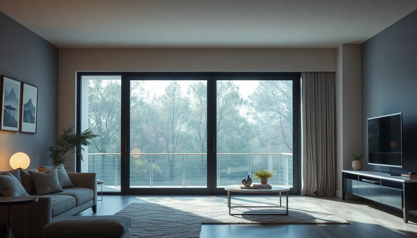 Salon moderne avec une porte coulissante en verre et aluminium, optimisant l'espace de vie.