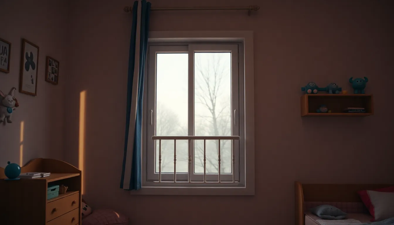 Chambre d'enfant avec fenêtre sécurisée, équipée d'un garde-corps et de barreaux pour assurer la sécurité des jeunes occupants.