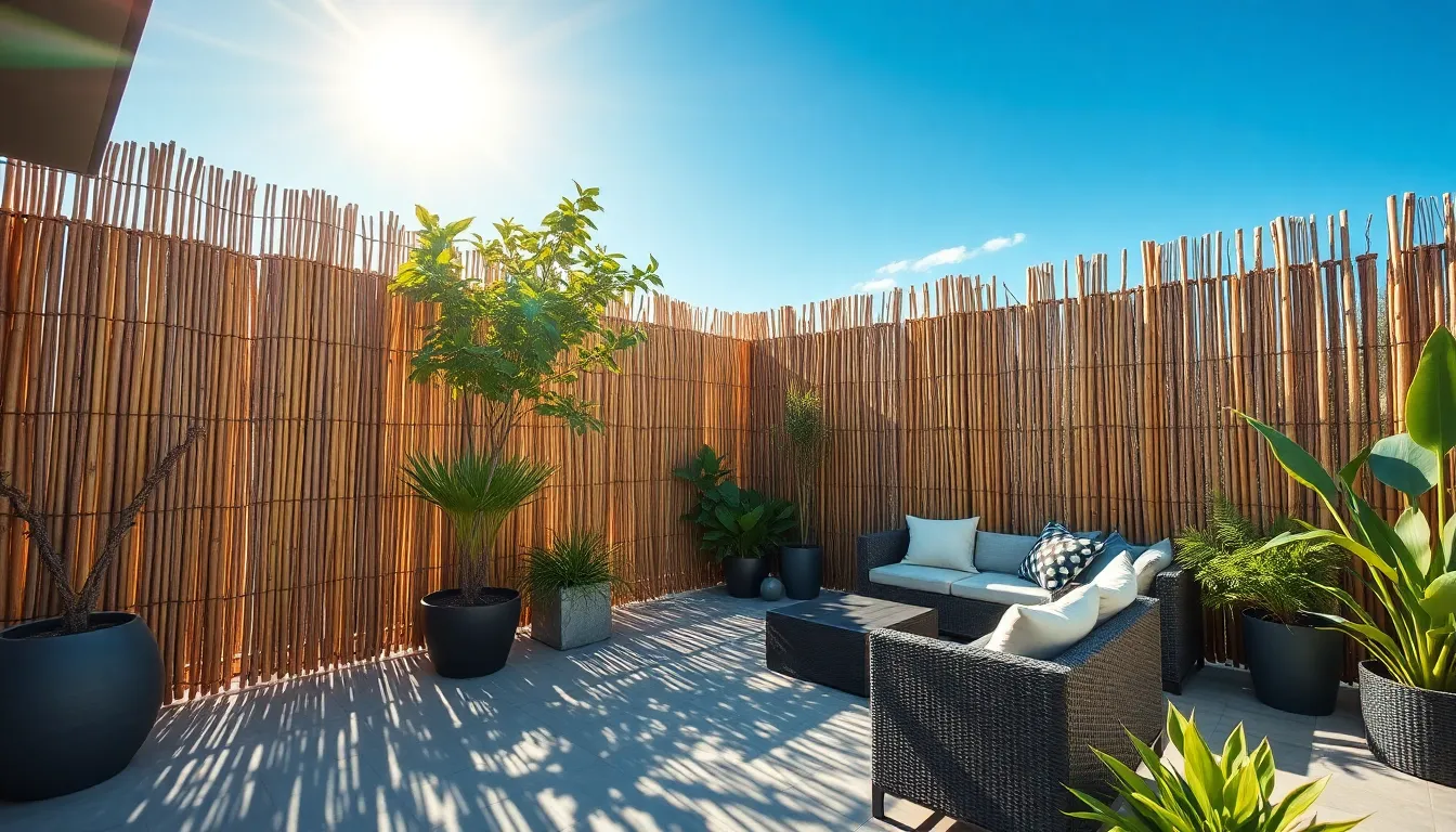Espace extérieur moderne avec clôtures en bambou, mettant en avant l'esthétique naturelle et les traitements avancés.