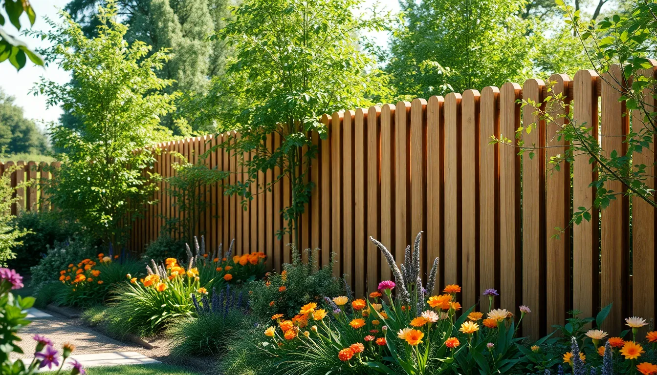 Jardin moderne avec clôtures en bois durable et verdure luxuriante, illustrant des matériaux innovants et esthétiques.