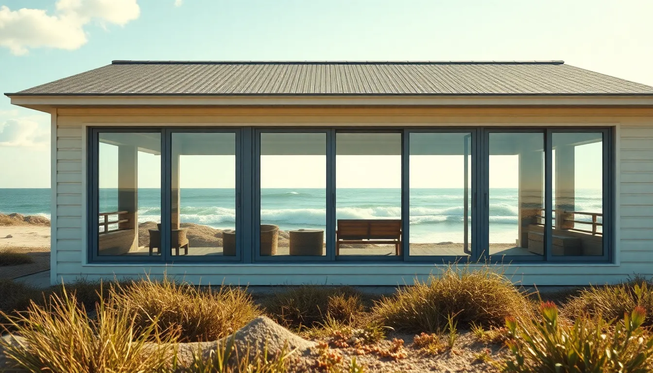 Maison côtière moderne avec fenêtres en aluminium, illustrant la durabilité et l'esthétique des fenêtres en bord de mer.