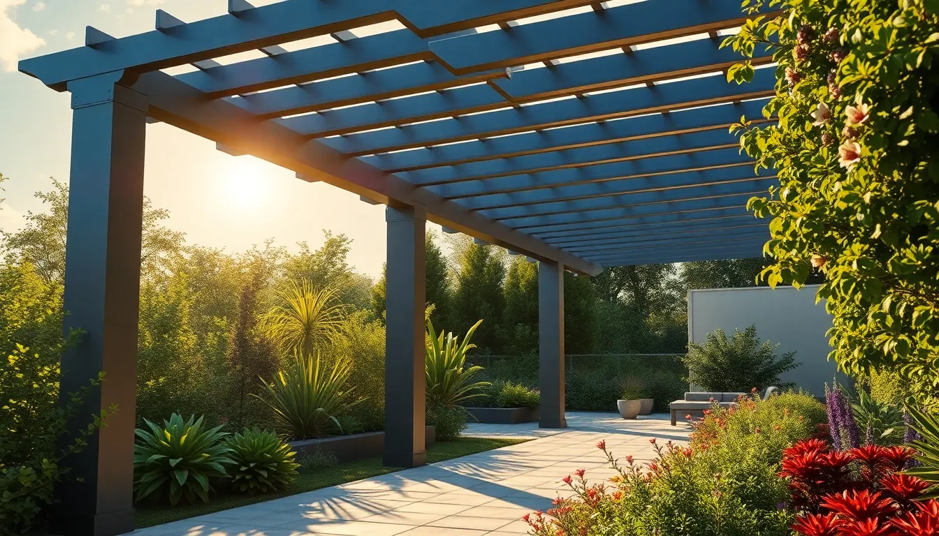 Pergola en aluminium moderne avec technologie intégrée entourée de verdure et plantes colorées, sous un soleil éclatant.