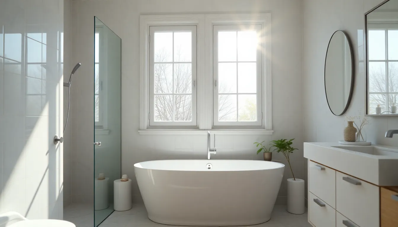 Salle de bain moderne avec fenêtres à double battant, lumière naturelle, créant une atmosphère aérée.