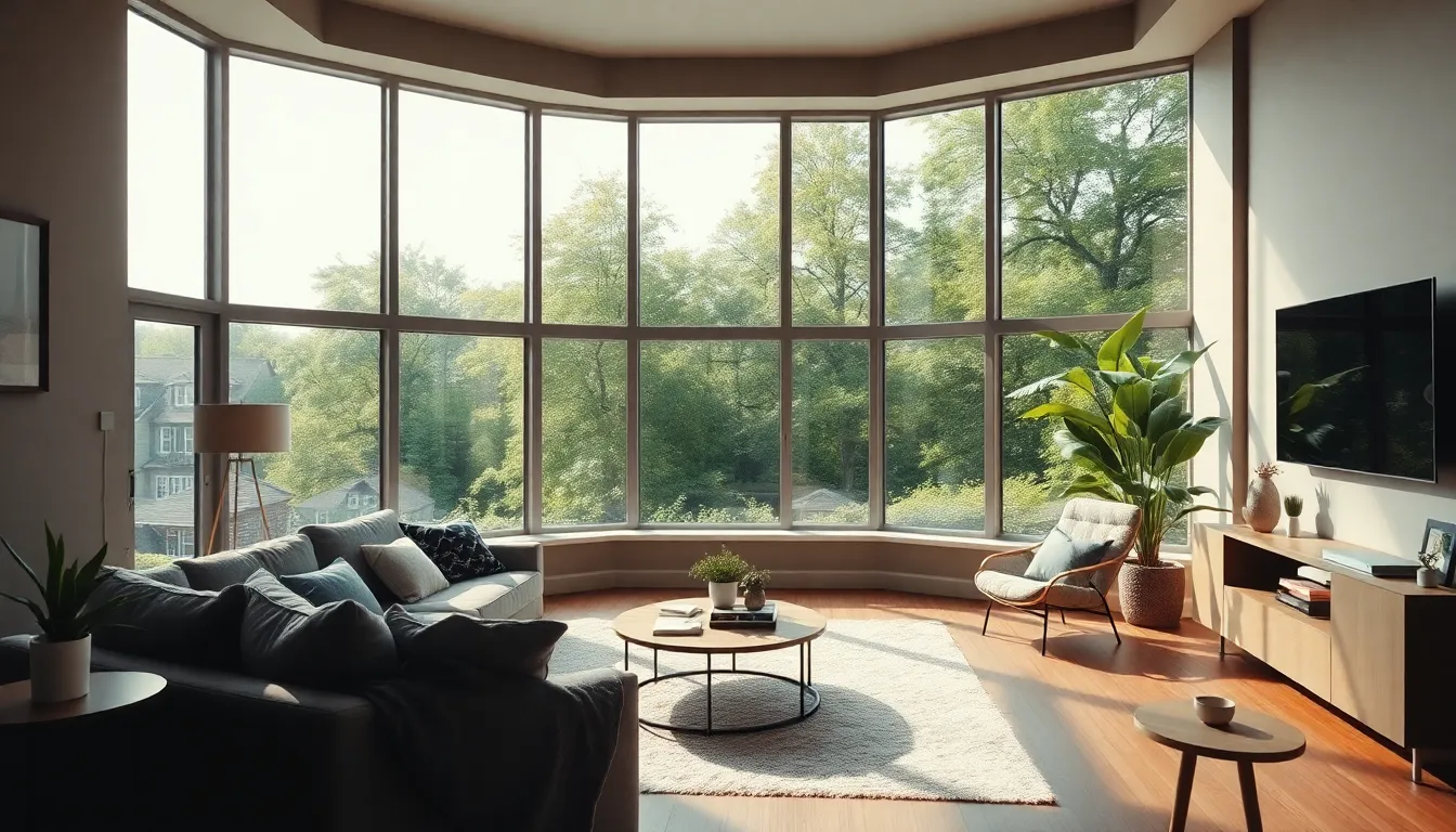 Salon moderne avec une fenêtre en saillie, permettant à la lumière naturelle de pénétrer, créant une ambiance chaleureuse.