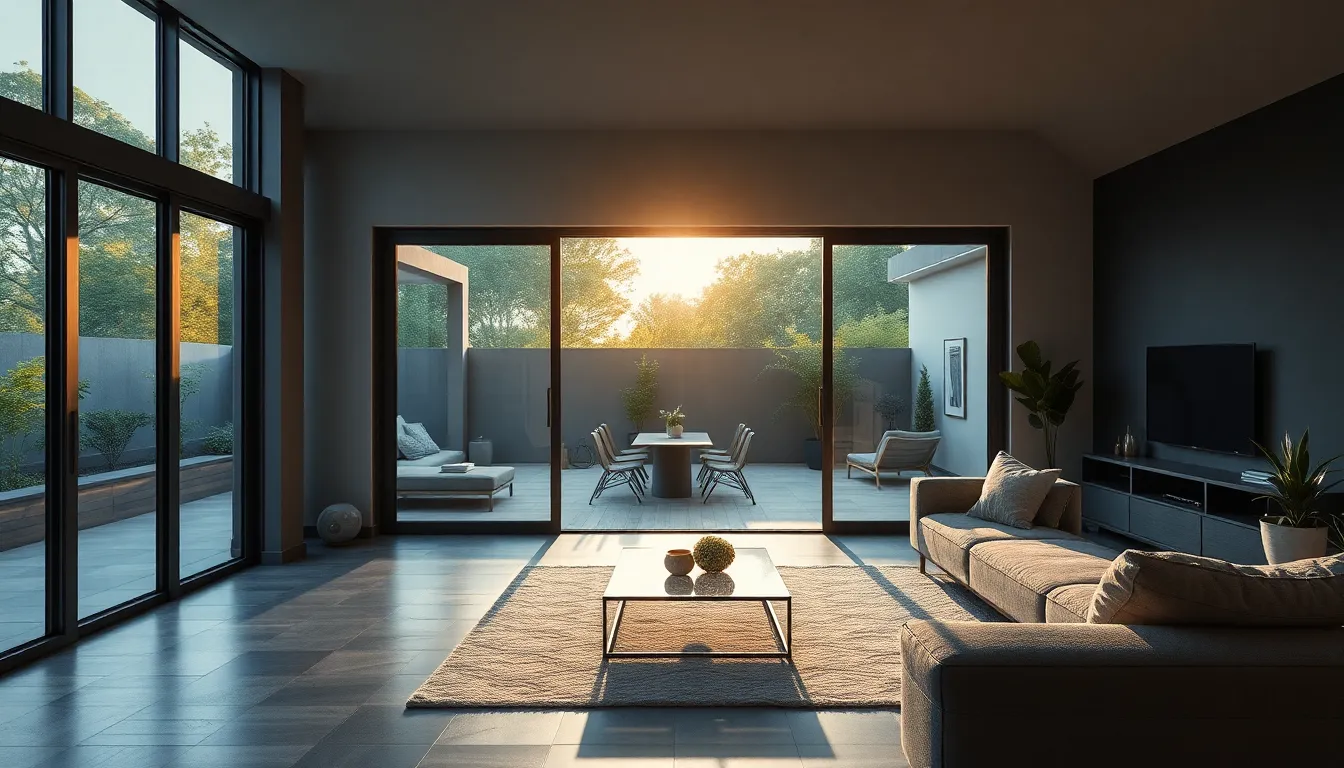 Salon moderne avec portes-fenêtres coulissantes, lumière naturelle et accès à une terrasse extérieure.