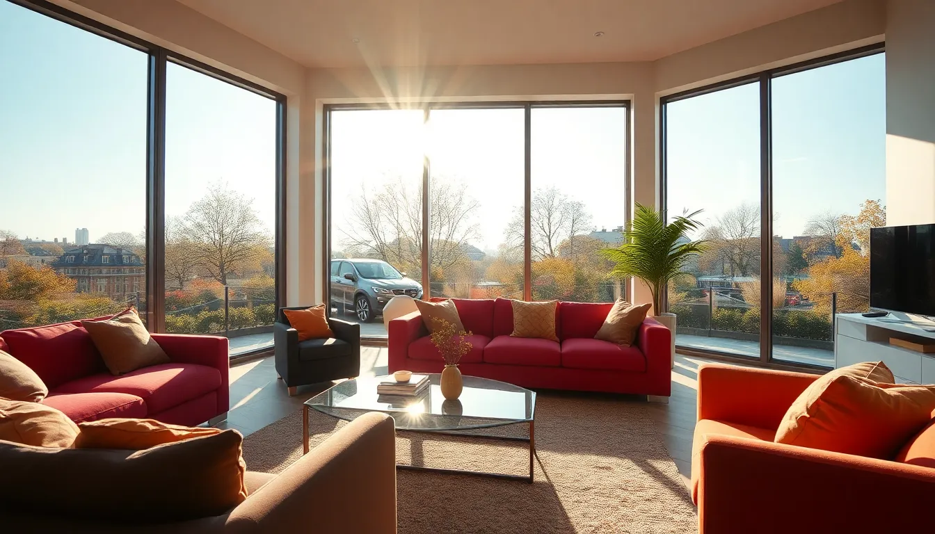 Salon moderne avec vitrage anti-UV, ensoleillé avec des meubles colorés, illustrant les avantages de la protection UV.