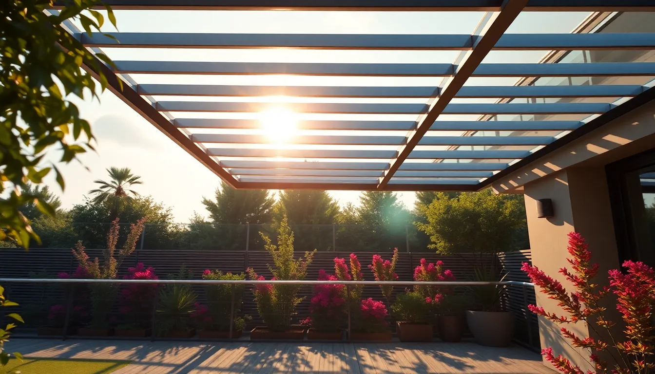 Terrasse moderne illustrant des brise-soleil orientables en aluminium avec lumière naturelle filtrée.
