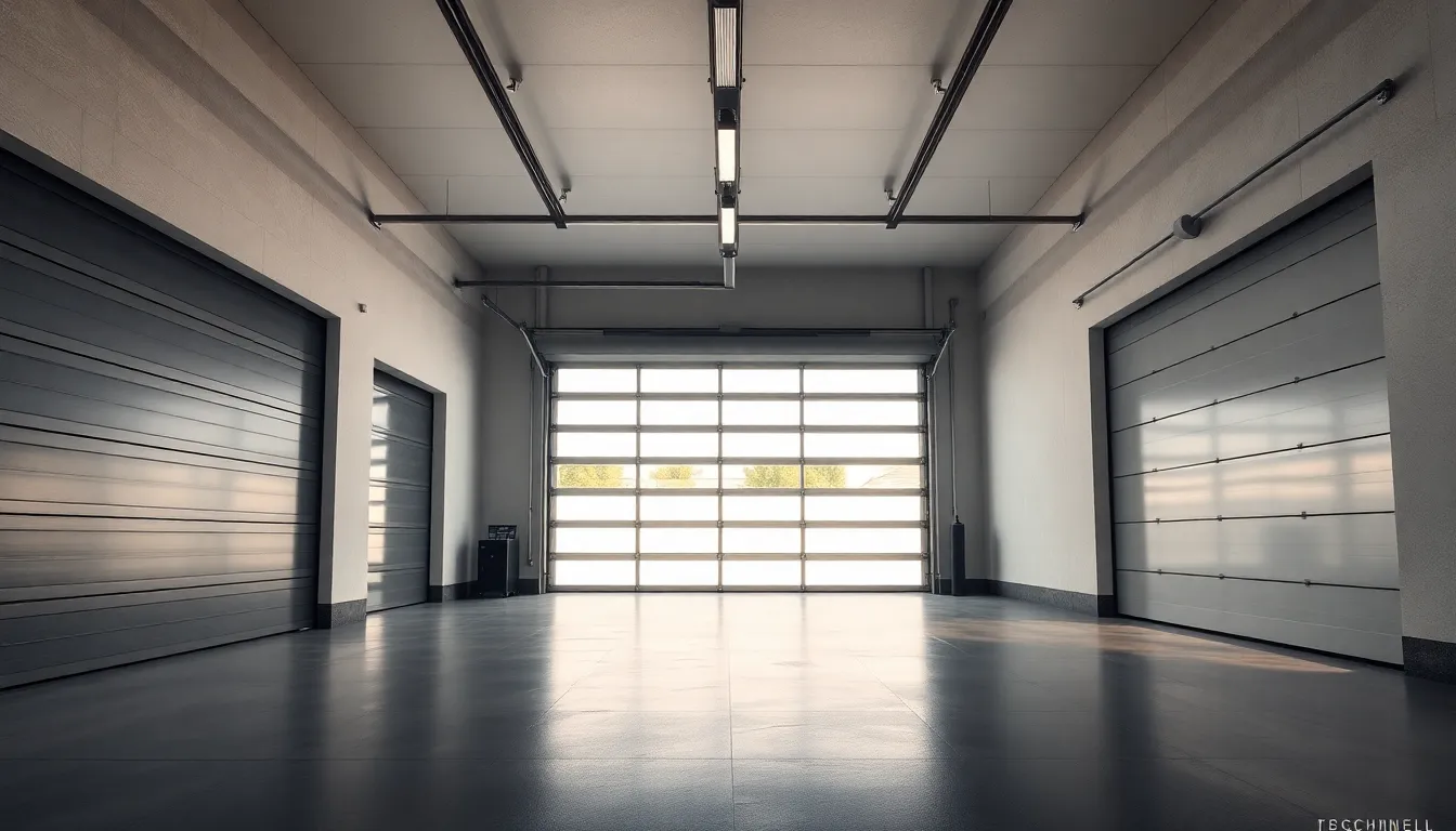 Différents types de portes de garage modernes, comprenant sectionnelle, enroulable et basculante, dans un cadre éclairé.