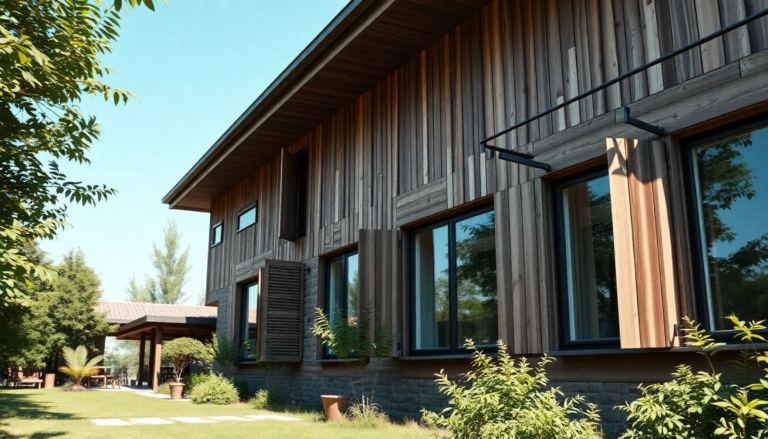 Bâtiment moderne économe en énergie avec volets en bois, soulignant l'utilisation de matériaux durables.