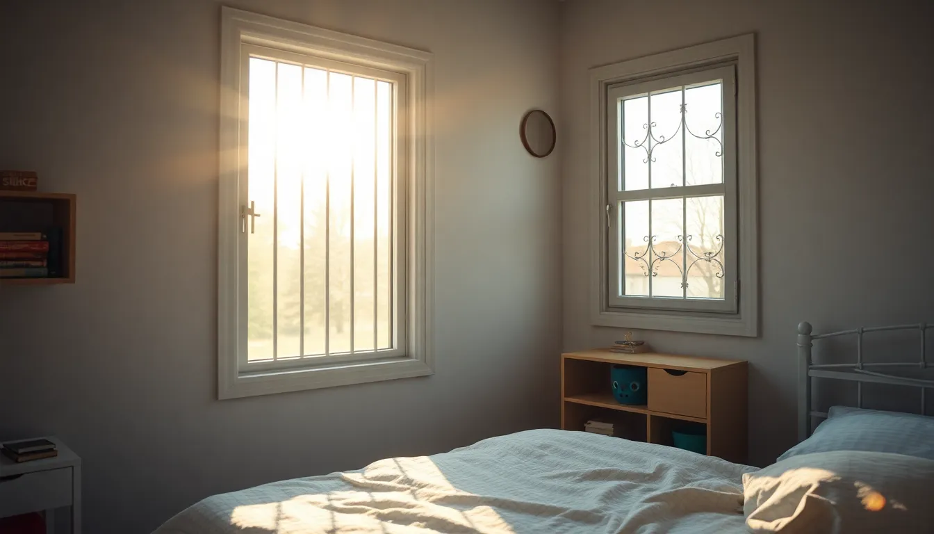 Chambre d'enfant sécurisée avec fenêtres équipées de loquets et de grillages de protection, éclairée par la lumière du soleil.