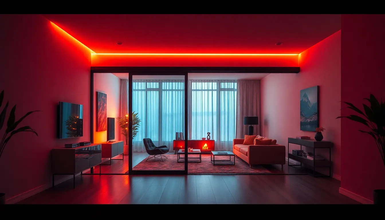 Intérieur moderne avec une porte coulissante, mettant en valeur un design minimaliste et des couleurs vibrantes.
