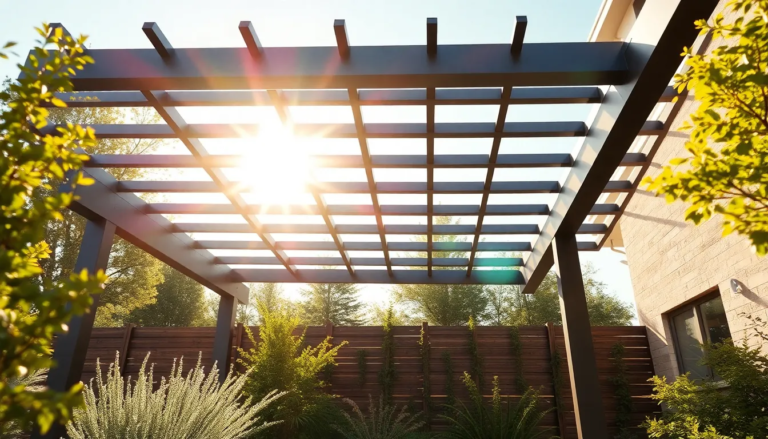 Pergola en acier moderne avec des fonctionnalités technologiques dans un jardin, mettant en avant la durabilité et le design contemporain.
