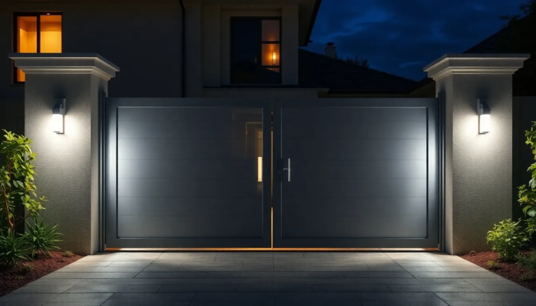Un portail en aluminium moderne avec un design minimaliste, installé dans un environnement contemporain, mettant en avant sa durabilité et son esthétisme.