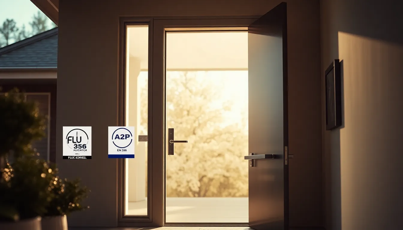 Porte d'entrée moderne sécurisée avec certificats A2P et EN 356, mettant en avant ses caractéristiques de résistance à l'effraction.