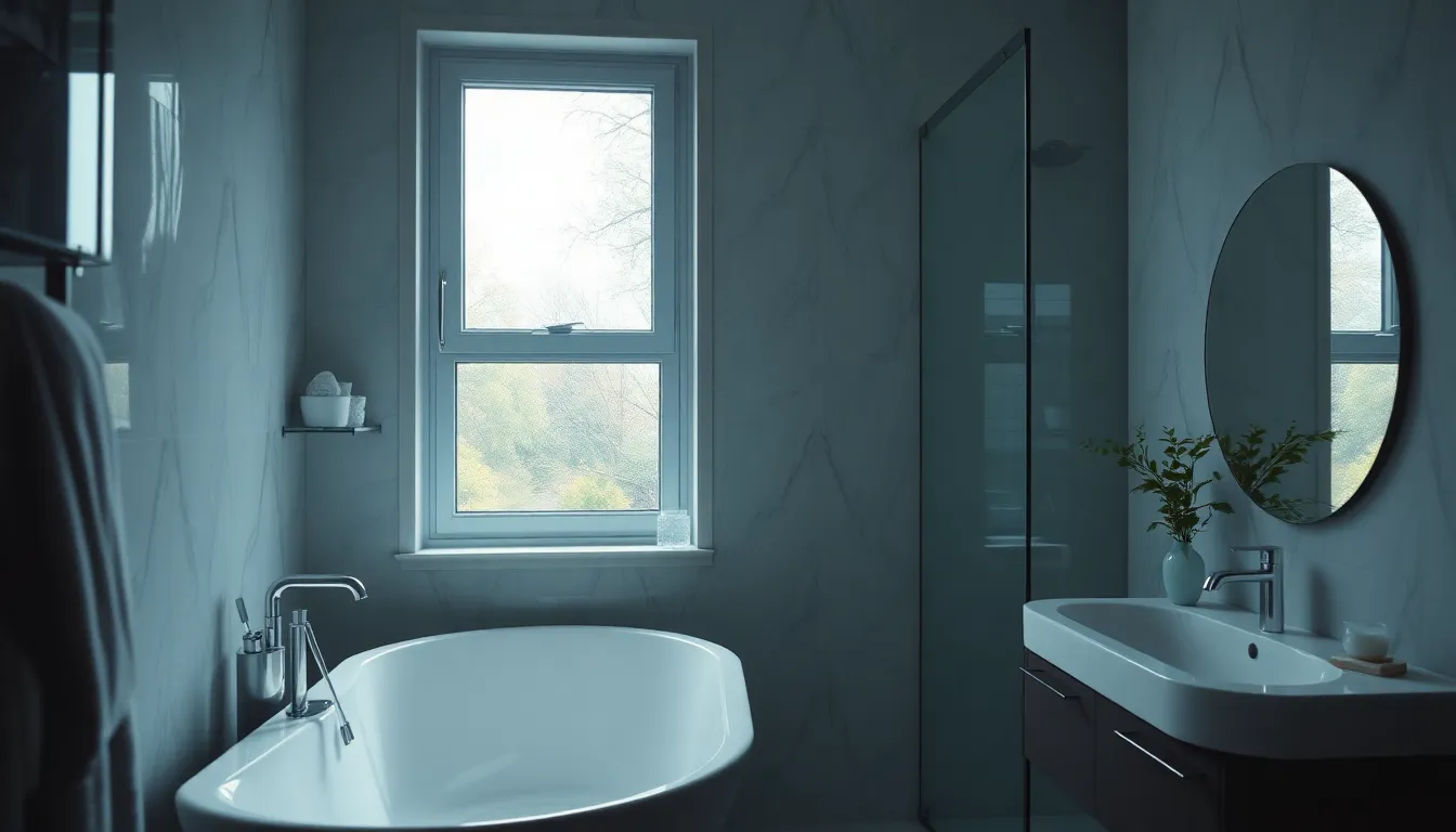 Salle de bain moderne avec fenêtres à double battant, mettant en avant la ventilation et le design anti-condensation.