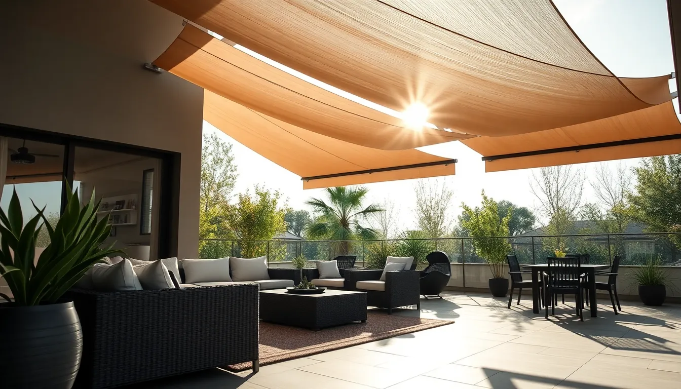 Terrasse moderne avec brise-soleil orientable en aluminium, créant des ombres dynamiques et une ambiance confortable.