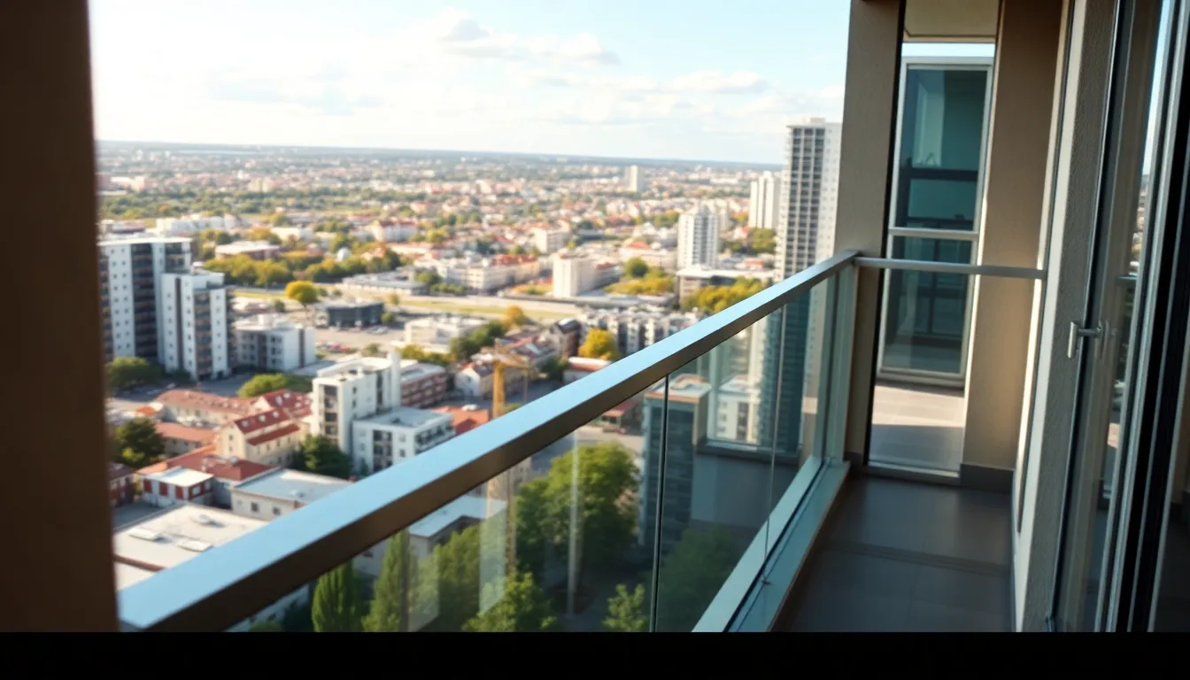 Balcon moderne avec garde-corps en verre, symbolisant la sécurité et le design contemporain en milieu urbain.