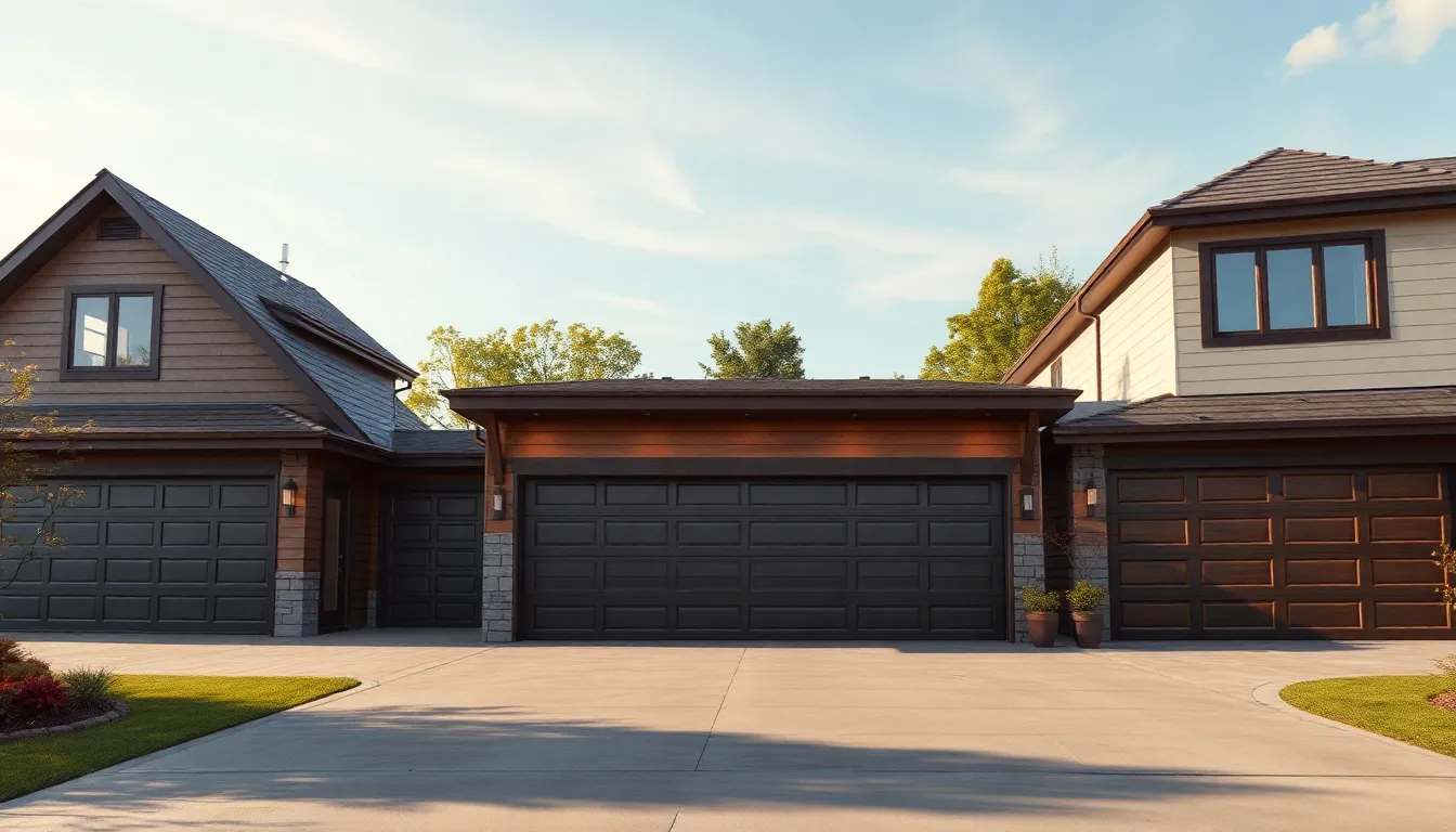 Garage moderne avec différents types de portes de garage, comme sectionnelle et enroulable, dans un cadre suburbain bien éclairé.