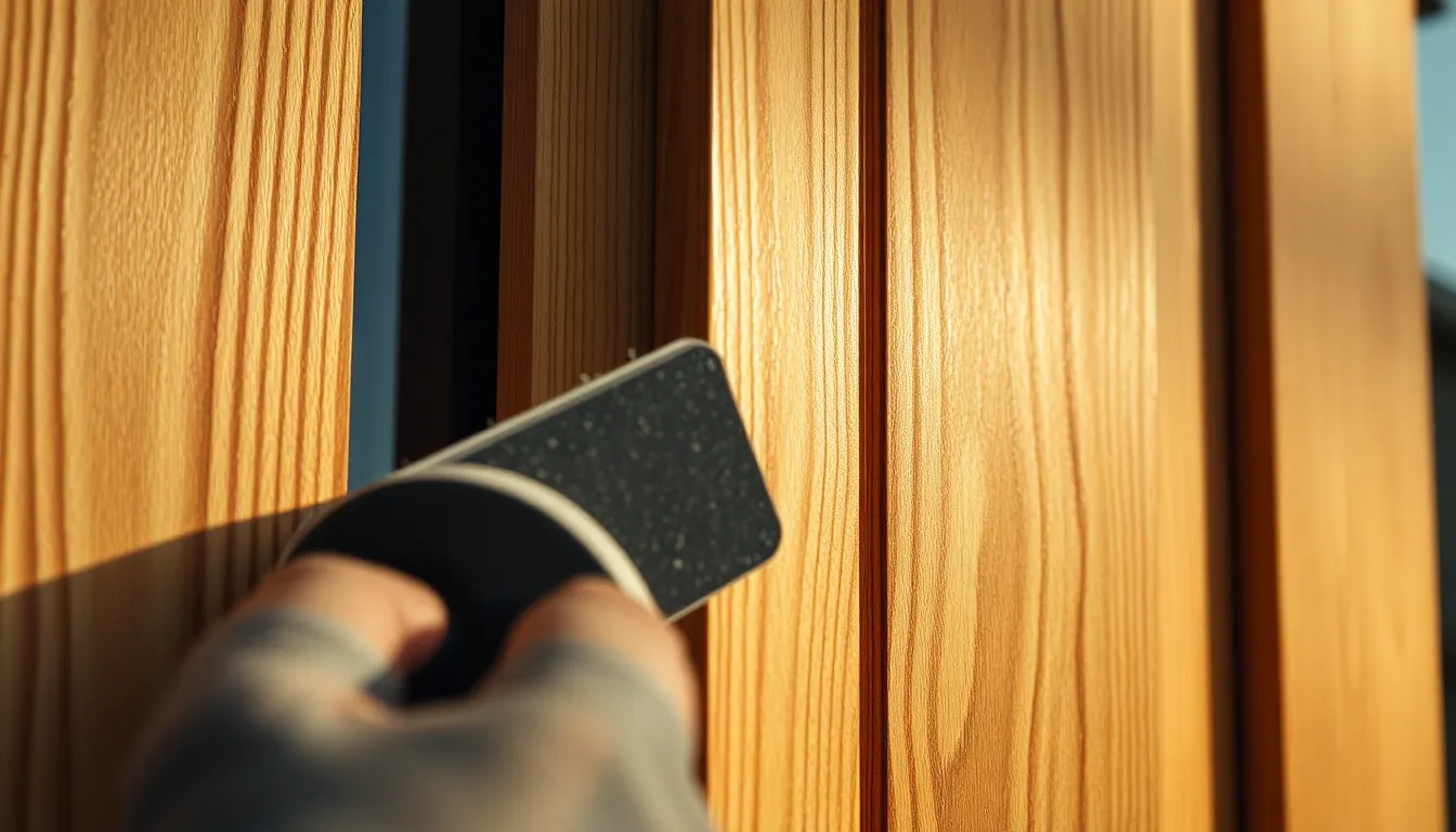 Préparation de menuiseries extérieures en bois avant application de vernis, mettant en avant la texture du bois et les outils de ponçage.